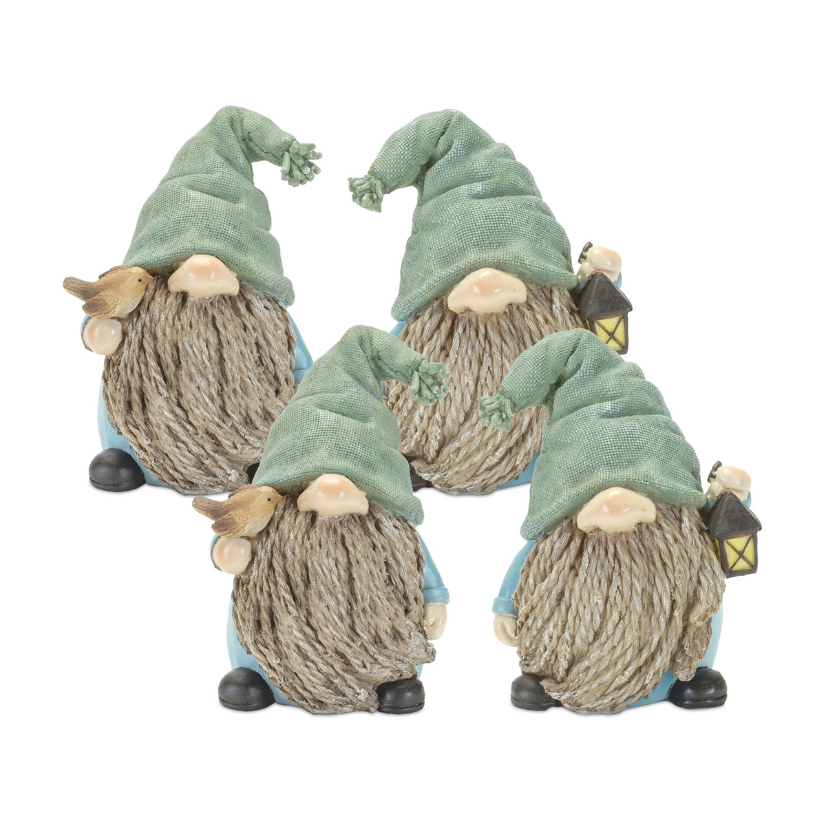Stone Garden Gnome Figurine with Bird and Lantern Accent (Set of 4) -Ship Only