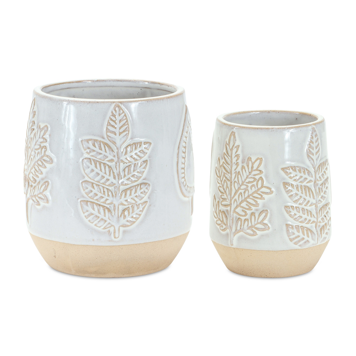 Two Tone Porcelain Planter with Leaf Design (Set of 2) -Ship Only