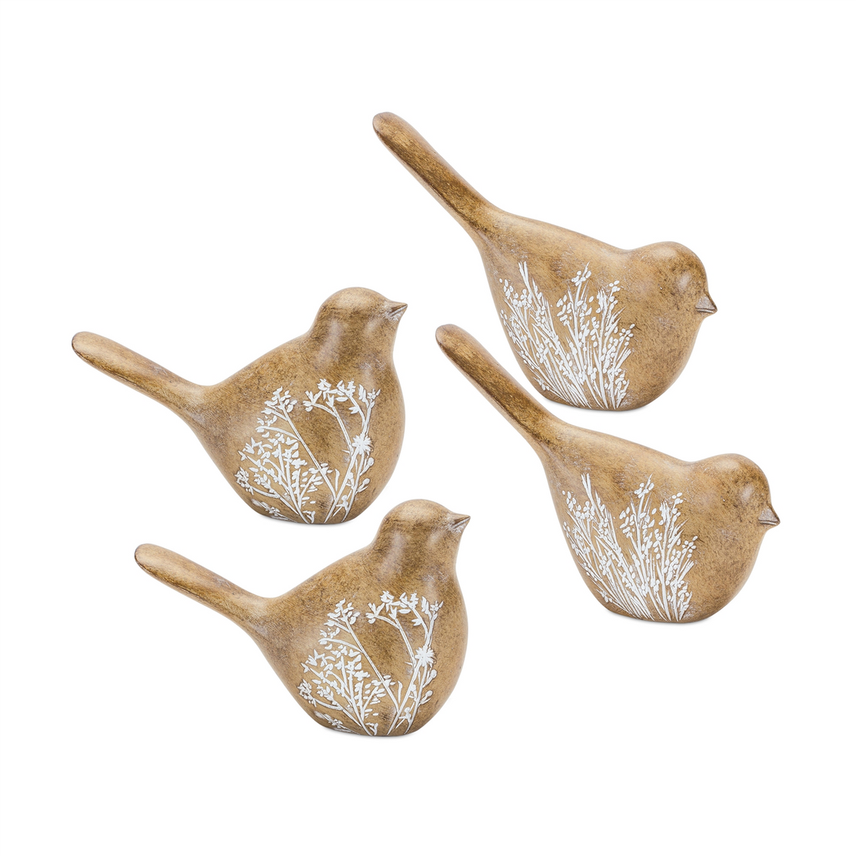 Floral Etched Bird Figurine with Wood Grain Design (Set of 4) -Ship Only