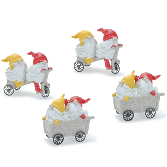 Whimsical Garden Gnome Figurine Riding a Scooter and Wheelbarrow (Set of 4) -Ship Only
