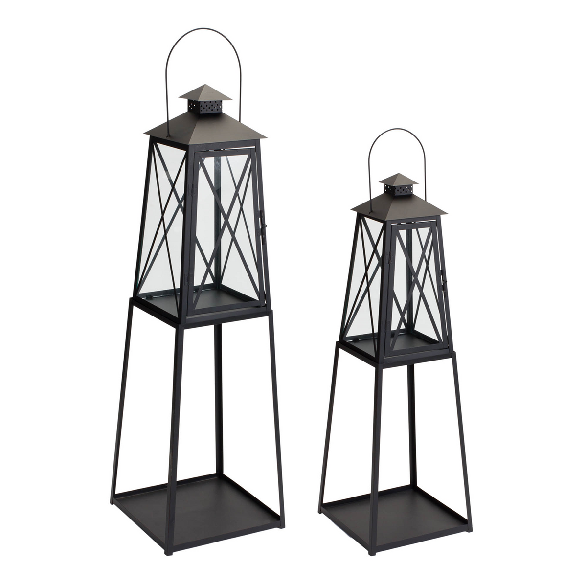 Traditional Metal Lantern with Tapered Stand (Set of 2) -Ship Only