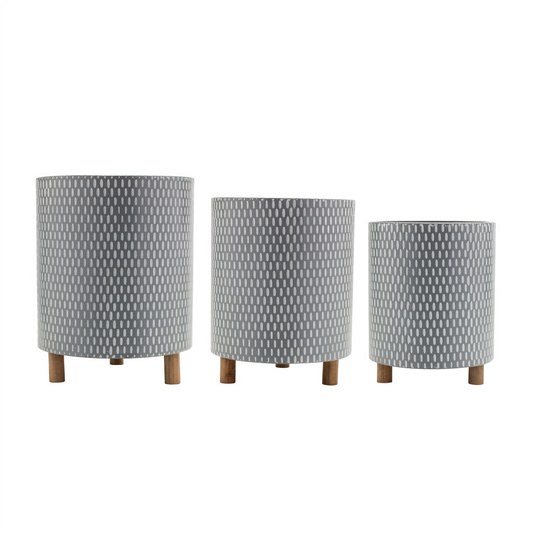 Iron Metal Planter with Geometric Design and Wood Legs (Set of 3) -Ship Only