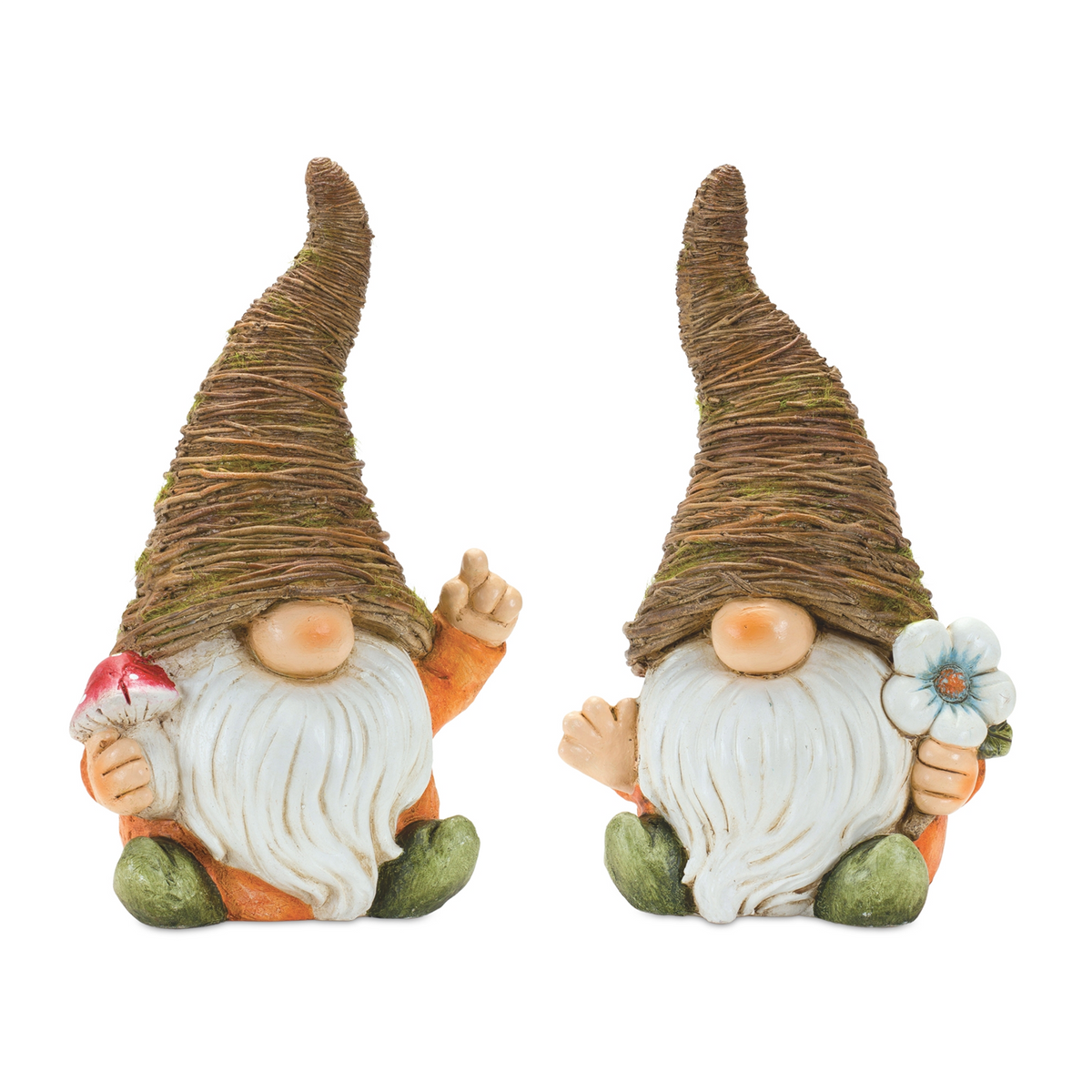 Distressed Garden Gnome Statue with Mushroom and Flower Accent (Set of 2) -Ship Only