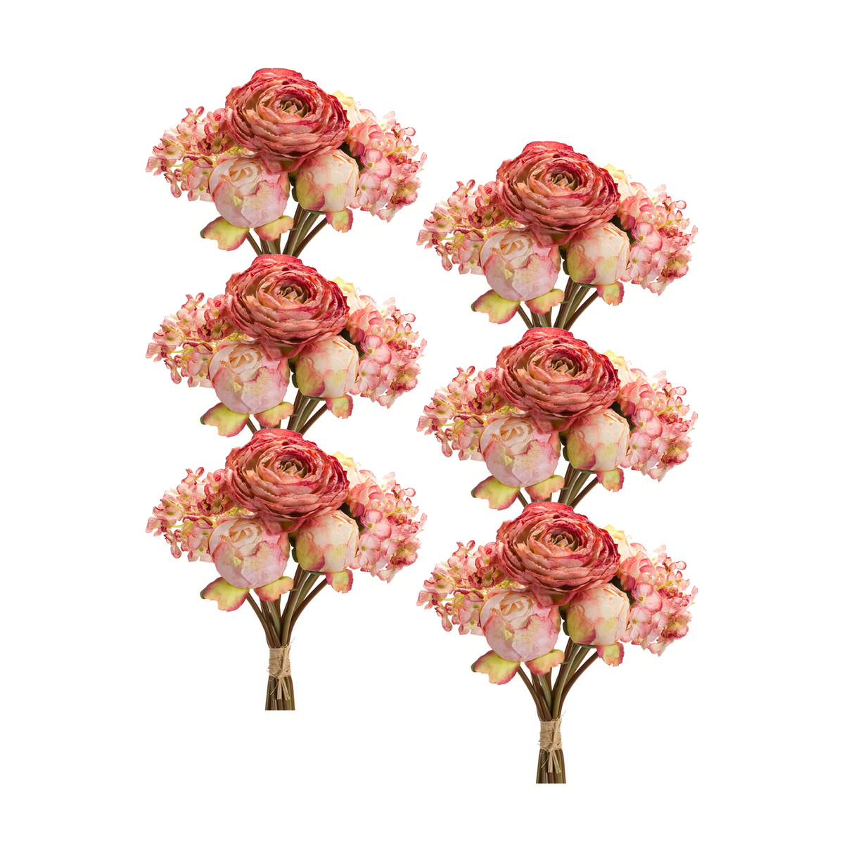 Coral Pink Peony and Hydrangea Flower Bouquet (Set of 6) -Ship Only