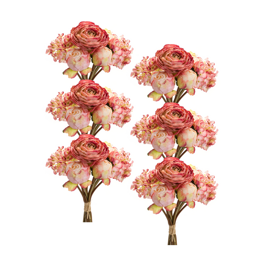 Coral Pink Peony and Hydrangea Flower Bouquet (Set of 6) -Ship Only
