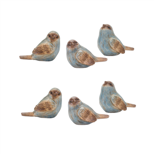 Rustic Blue Bird Figurine with Wood Grain Design (Set of 6) -Ship Only