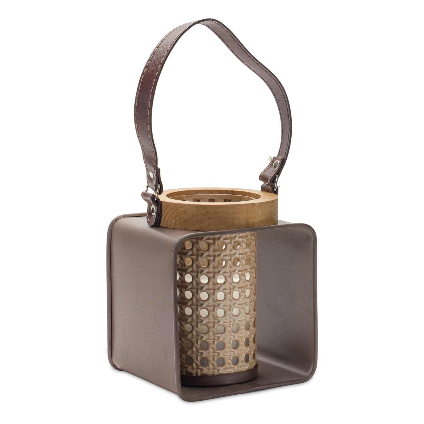 Metal Candle Holder with Wood and Leather Accents -Ship Only