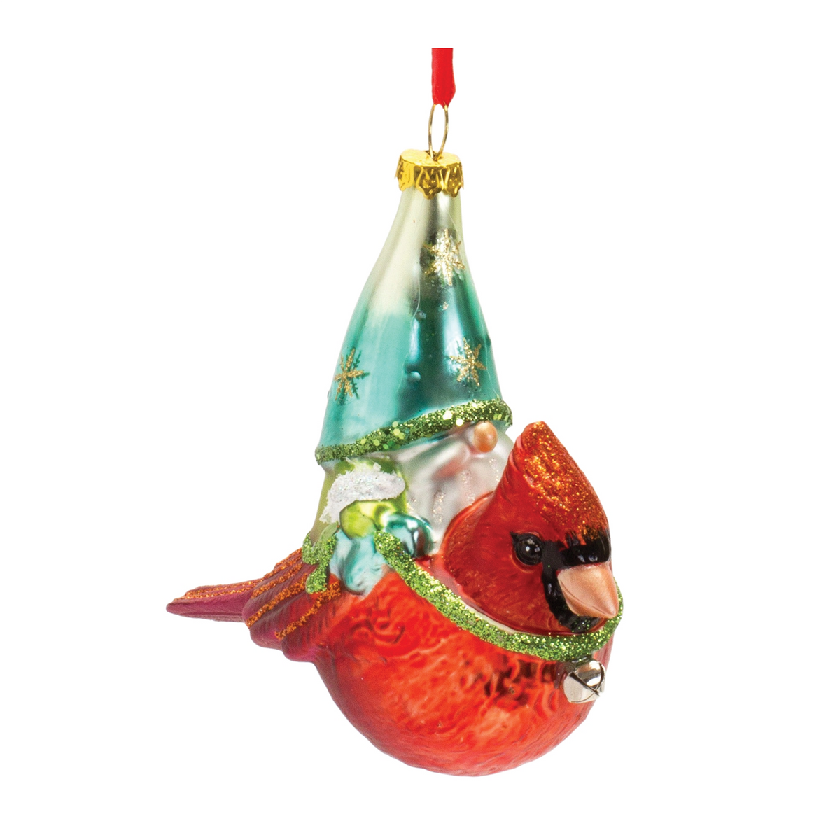 Glass Gnome and Cardinal Bird Ornament (Set of 6) -Ship Only