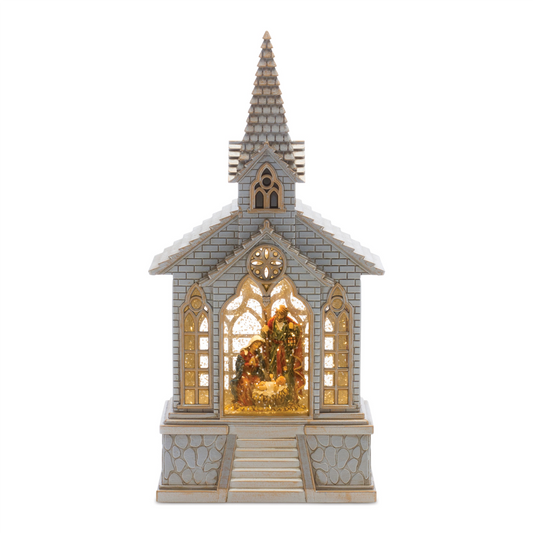 LED Snow Globe Church with Nativity 8.25"H -Ship Only