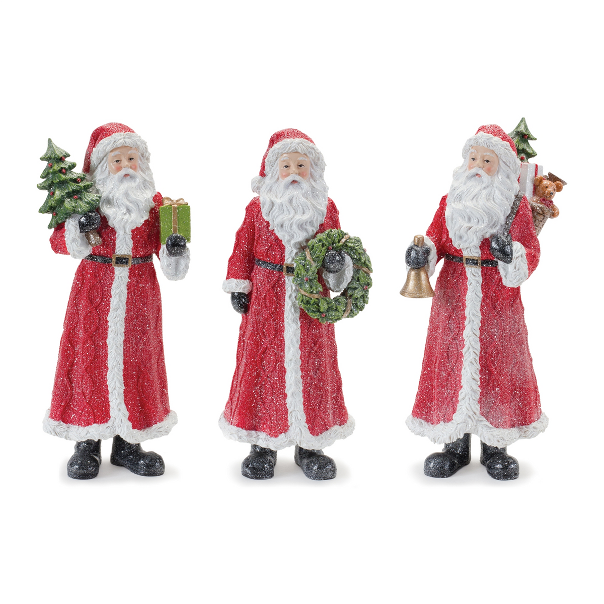 Glitter Santa Figurine with Pine Accent (Set of 3) -Ship Only