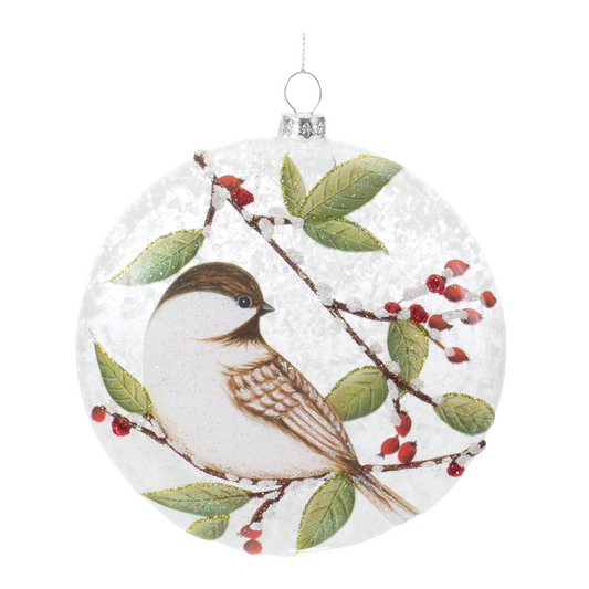 Chickadee Disc Ornament (Set of 6) 5”H Glass -Ship Only