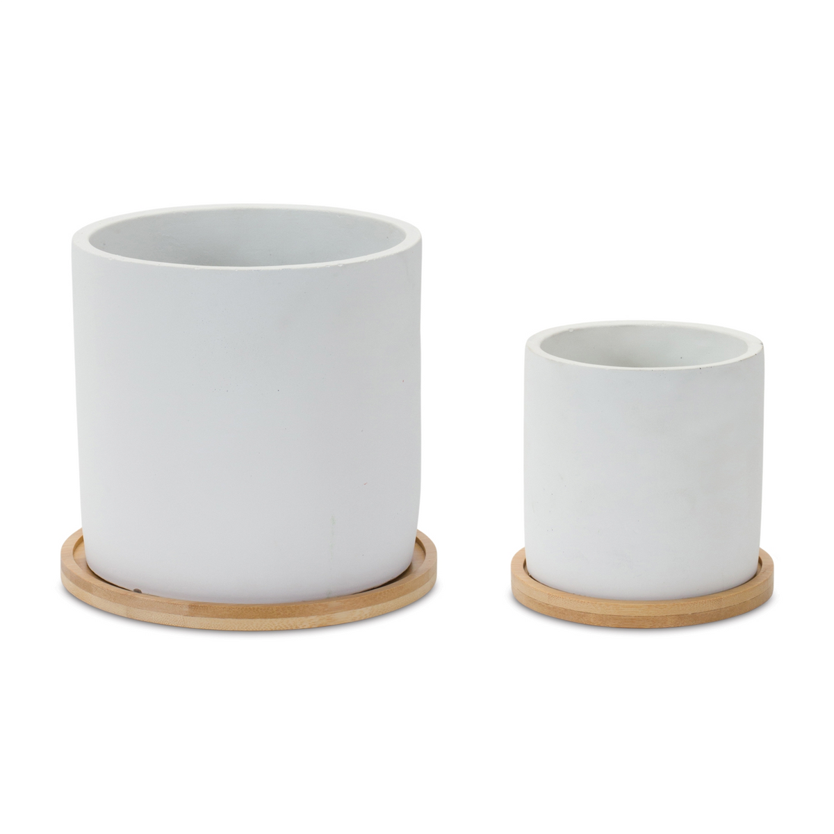 White Stone Planter with Wood Plate (Set of 2) -Ship Only