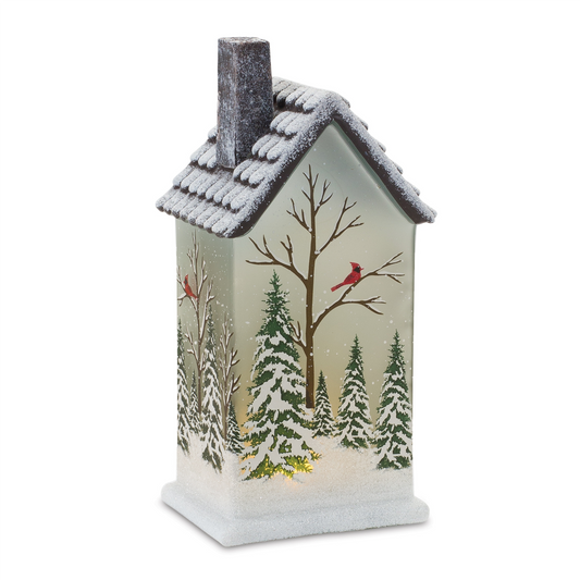 House w/Trees and Cardinal (Set of 2) 9”H Glass 2 AAA Batteries, Not Included -Ship Only