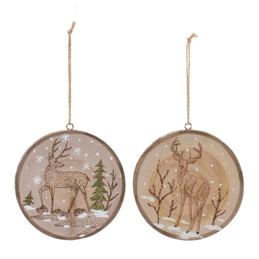 Deer Disc Ornament (Set of 12) 4”H Wood -Ship Only