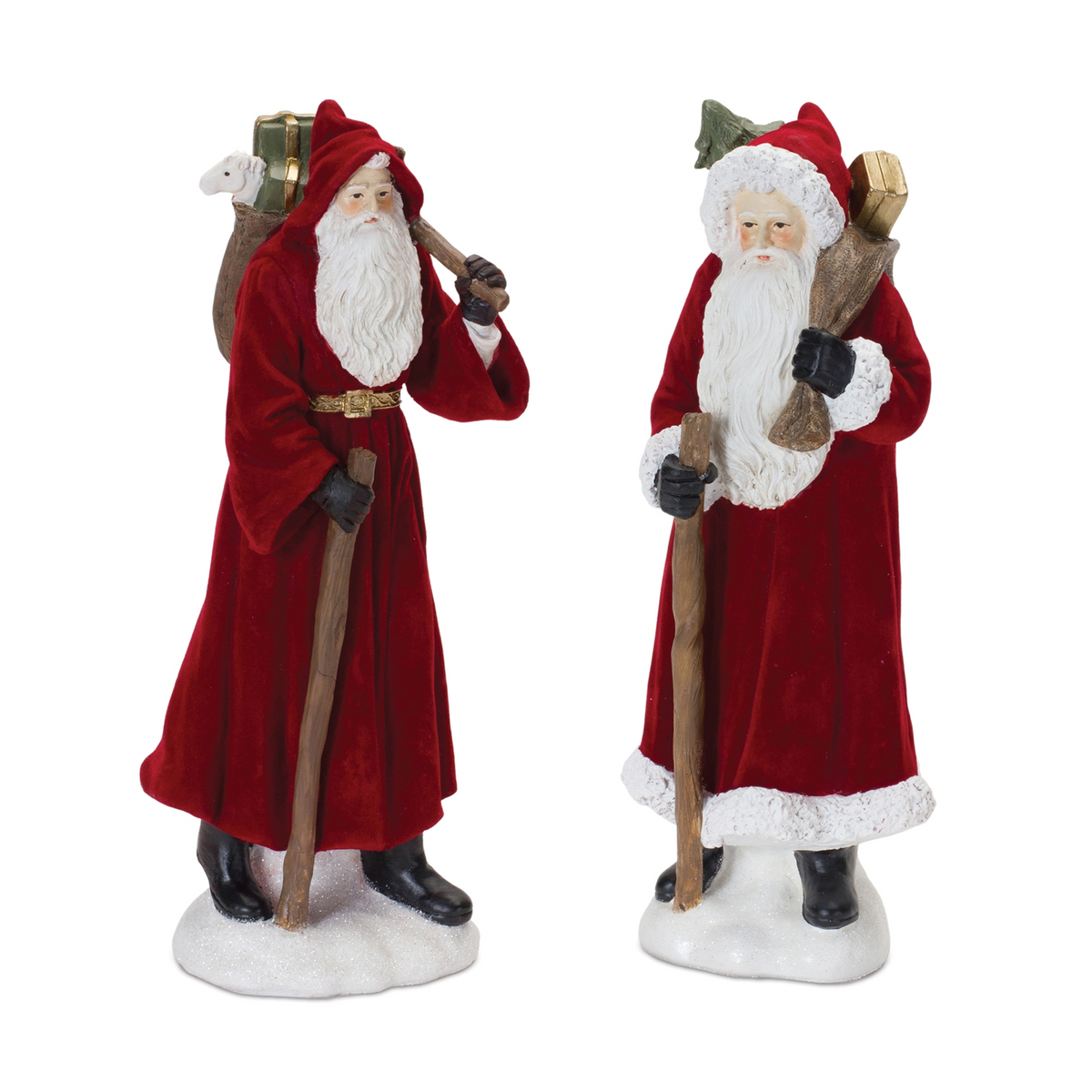 Flocked Santa Figurine with Hood and Staff (Set of 2) -Ship Only