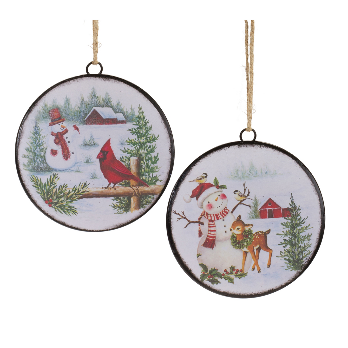 Snowman Disc Ornament (Set of 12) 6.5”H Metal -Ship Only