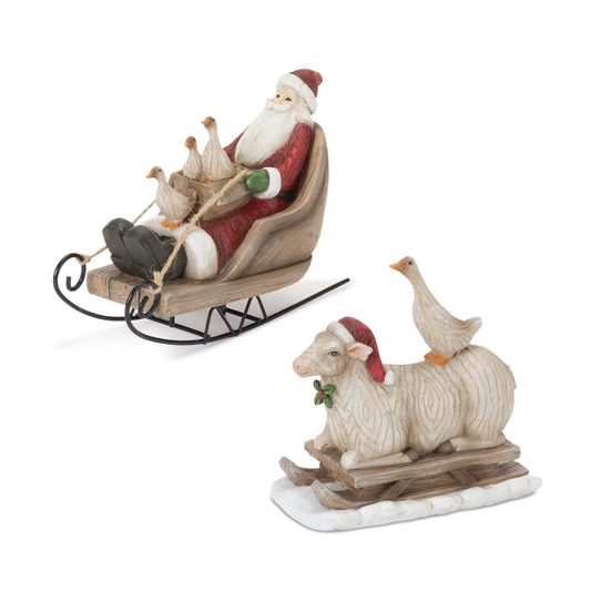 Santa and Animals on Sled (Set of 2) 7"L x 5"H, 5.5"L x 5.5"H Resin -Ship Only