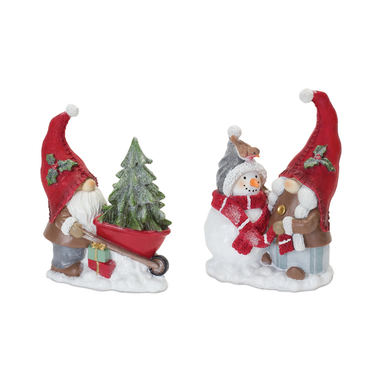 Gnome Figurine with Snowman and Pine Tree (Set of 2) -Ship Only
