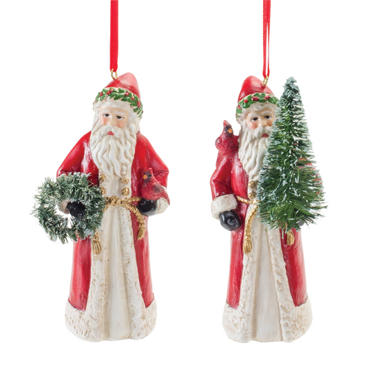 Santa w/Cardinal Ornament (Set of 6) 4.5”H Resin -Ship Only