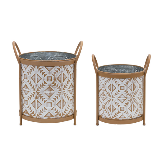 Footed Metal Aztec Planter (Set of 2) -Ship Only