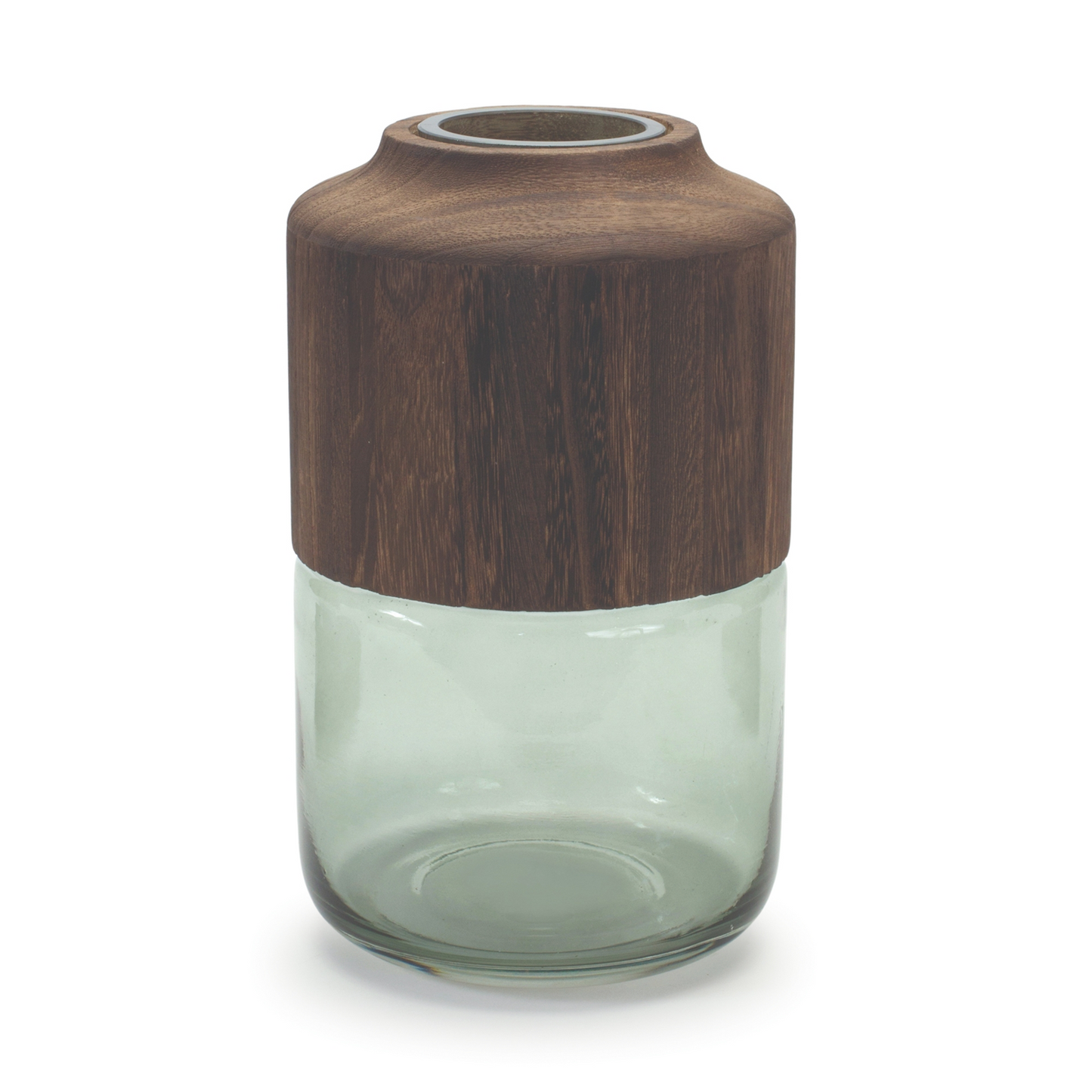 Sage Glass Vase with Wood Accent 11"H -Ship Only