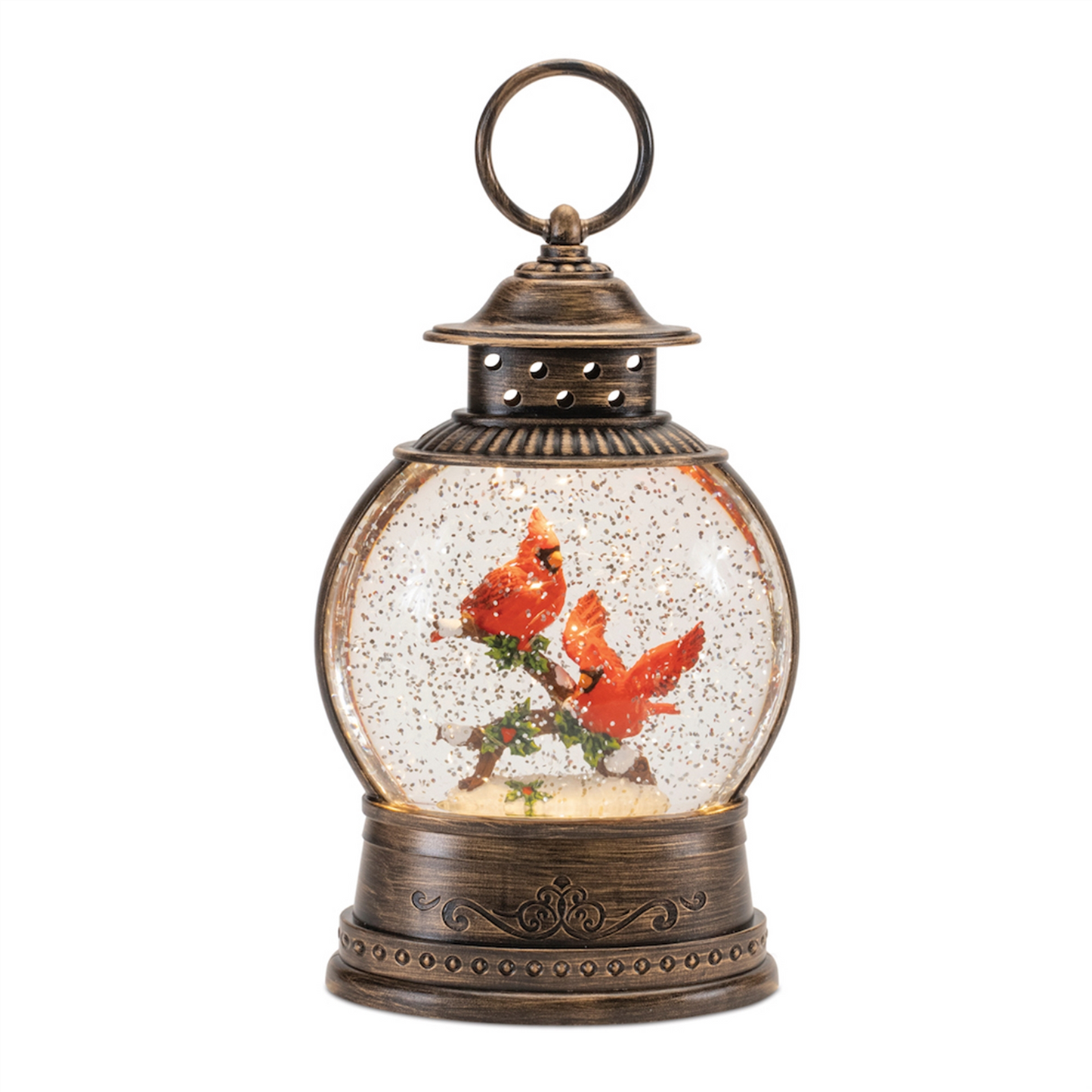 LED Snow Globe Lantern with Cardinal Bird Couple 8.25"H -Ship Only