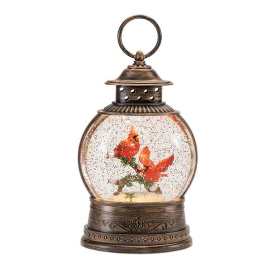 LED Snow Globe Lantern with Cardinal Bird Couple 8.25"H -Ship Only