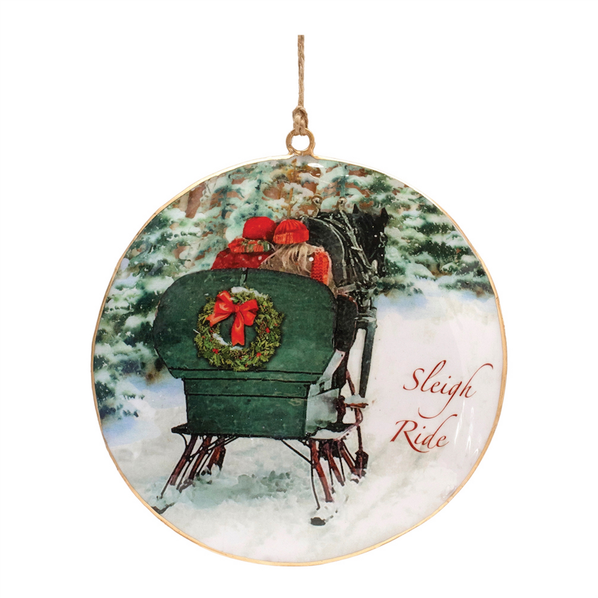 Metal Couple Sleigh Ride Disc Ornament (Set of 6) -Ship Only
