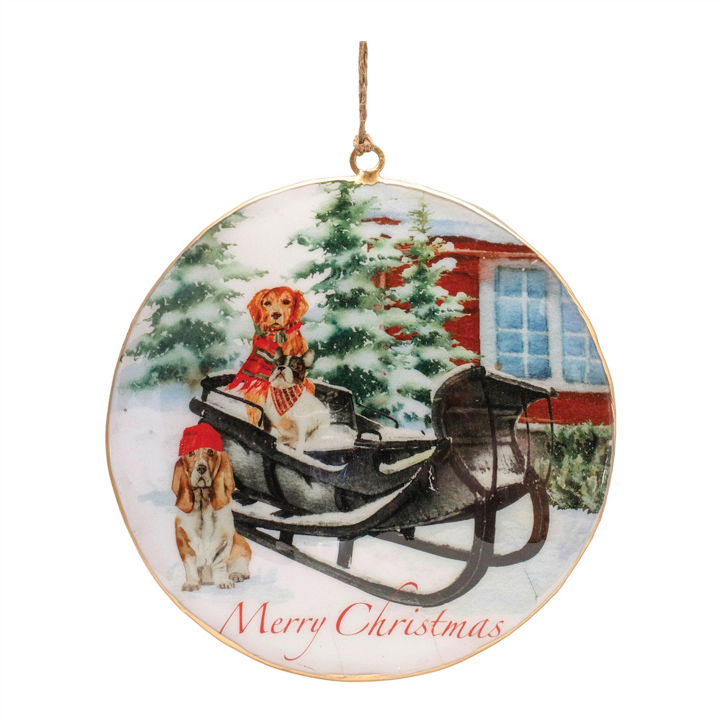 Dog and Sleigh Disc Ornament (Set of 6) 6”H Iron -Ship Only