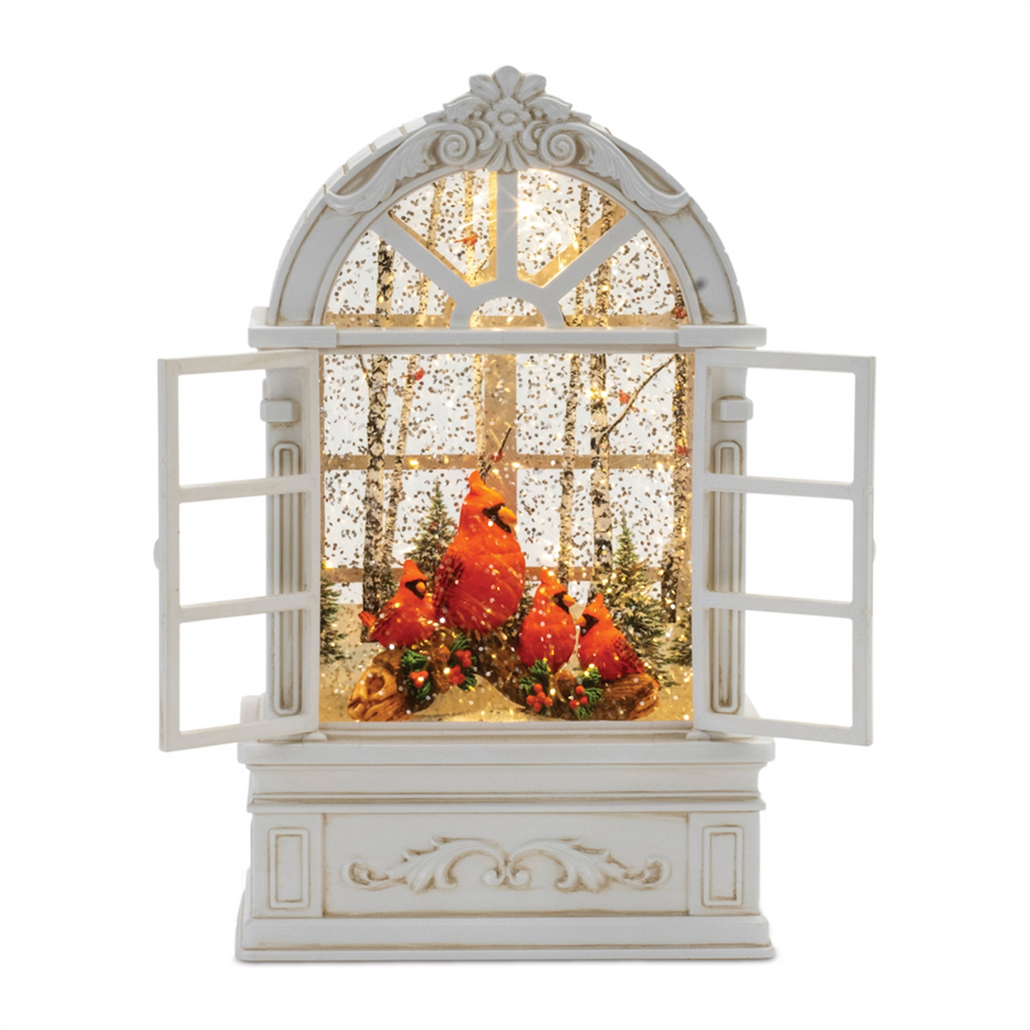 LED Snow Globe Window with Cardinal Family 9"H -Ship Only