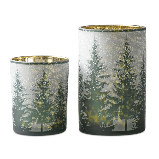 Frosted Pine Mercury Glass Candle Holder (Set of 2) -Ship Only