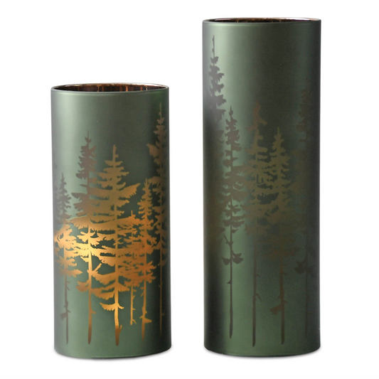 Frosted Pine Trees Glass Candle Holder (Set of 2) -Ship Only