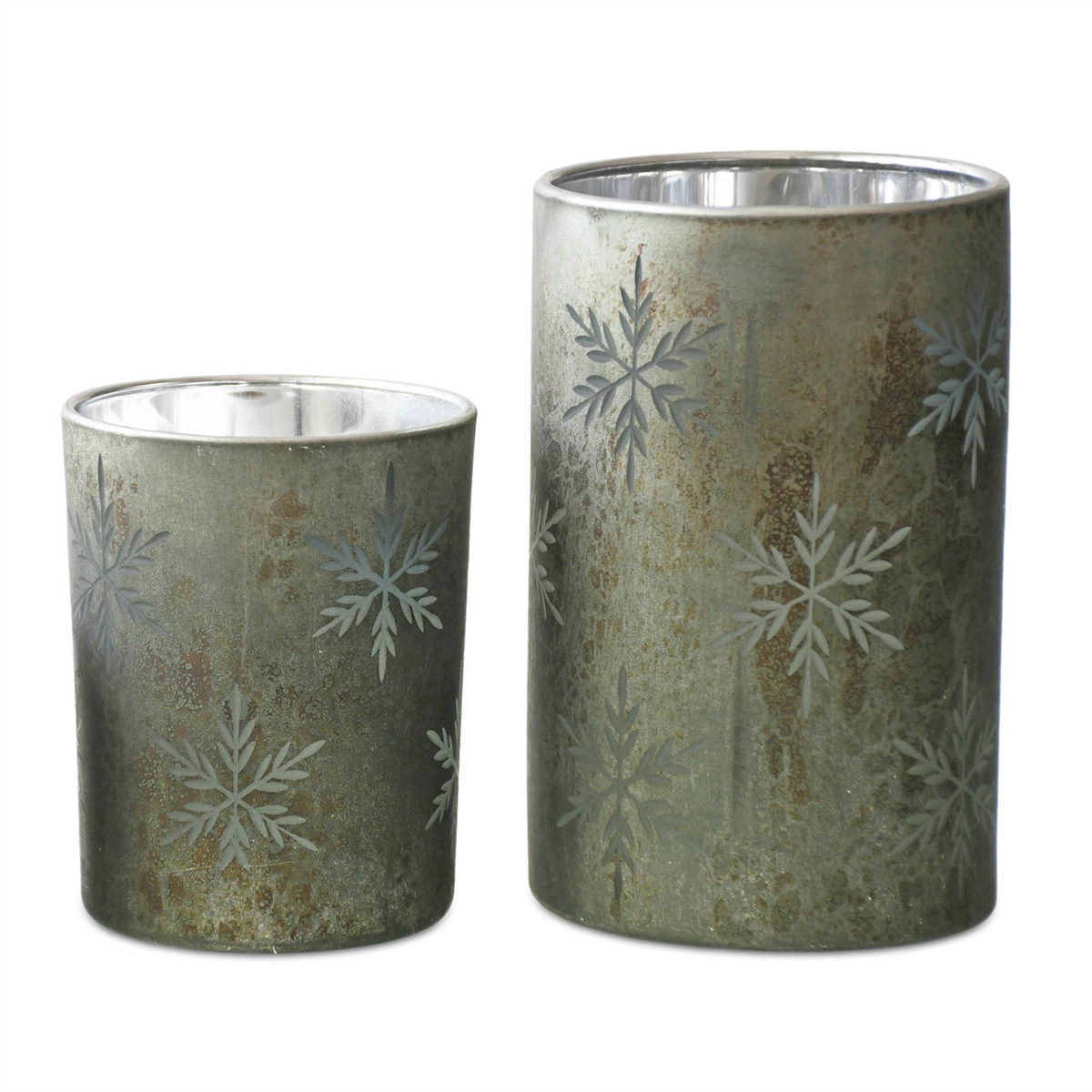 Etched Snowflake Mecury Glass Candle Holder (Set of 2) -Ship Only