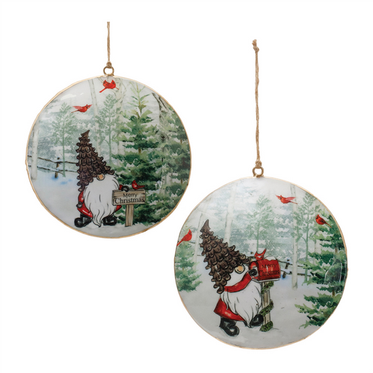 Metal Gnome Cardinal Forest Disc Ornament (Set of 6) -Ship Only