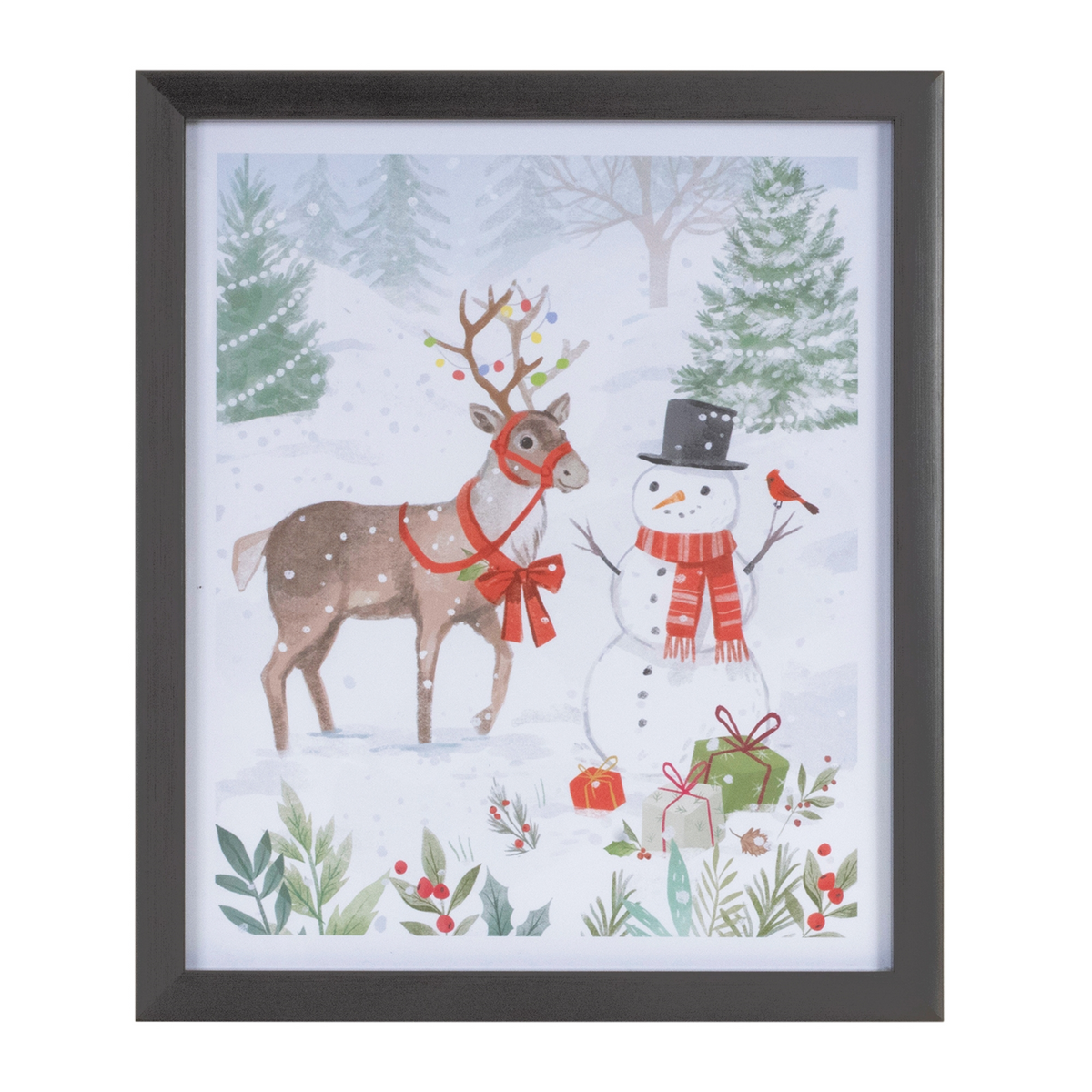 Framed Snowman and Deer Print 11"H -Ship Only