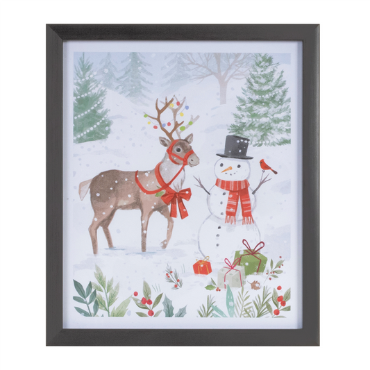 Framed Snowman and Deer Print 11"H -Ship Only