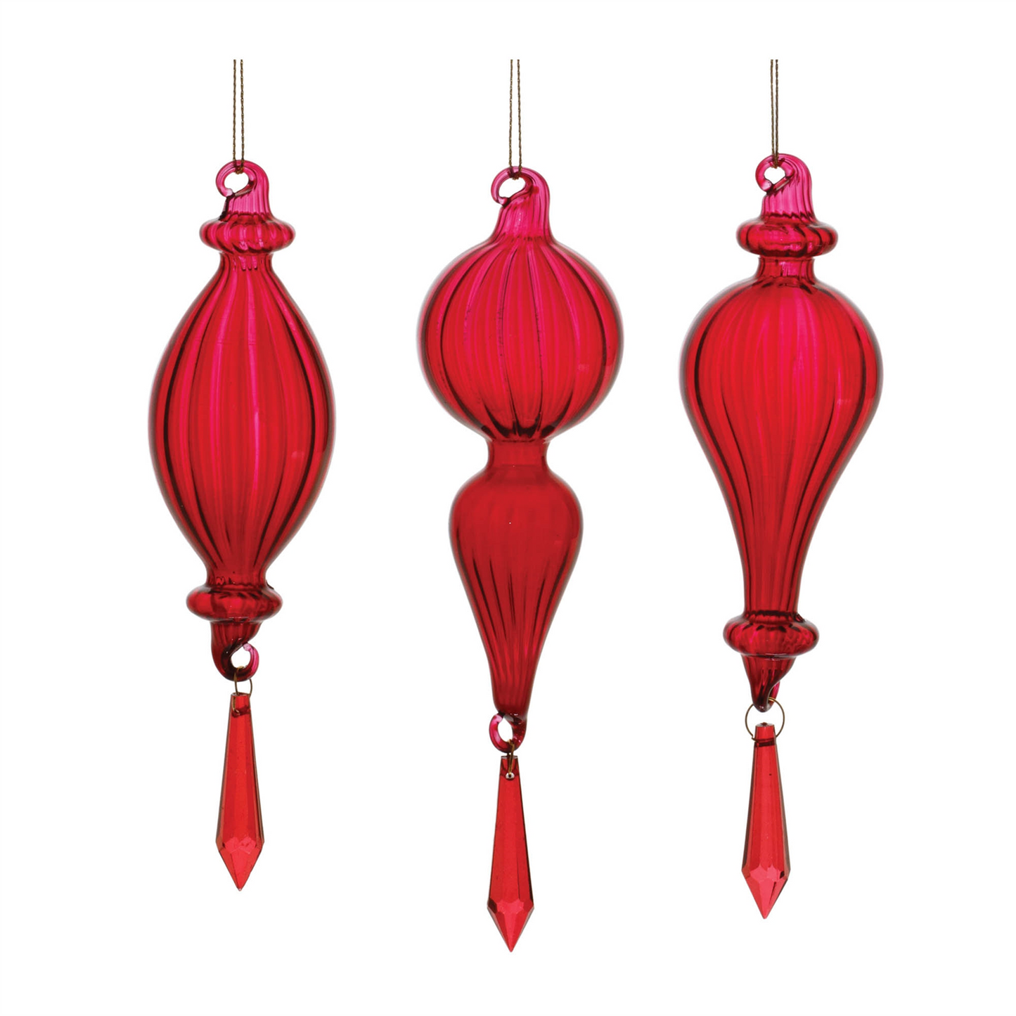 Red Ribbed Glass Drop Ornament with Jewel (Set of 3) -Ship Only