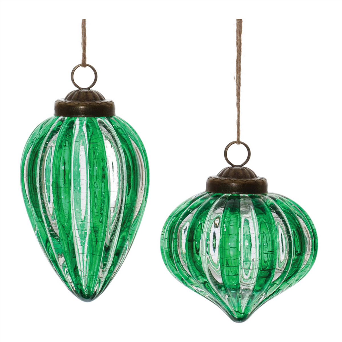 Green Ribbed Crackle Glass Ornament (Set of 6) -Ship Only