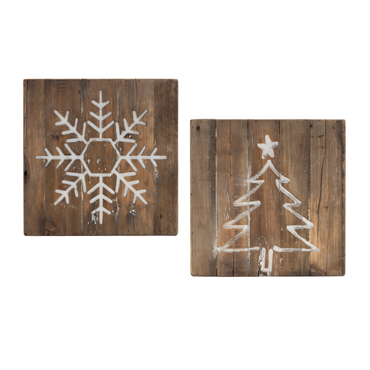 Snowflake and Tree Block (Set of 2) 11.5”SQ Wood