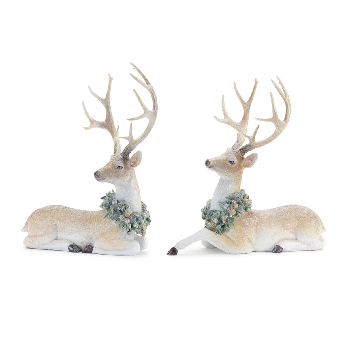 Glittered Deer with Holly Wreath (Set of 2) -Ship Only