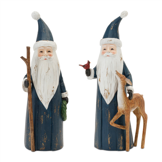 Carved Woodland Santa with Deer Figurine (Set of 2) -Ship Only