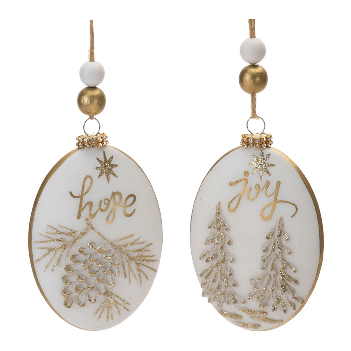 Glittered Glass Hope and Joy Ornament with Wood Beads (Set of 12) -Ship Only