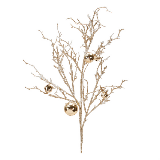 Flocked Twig Branch with Sleigh Bells (Set of 6) -Ship Only
