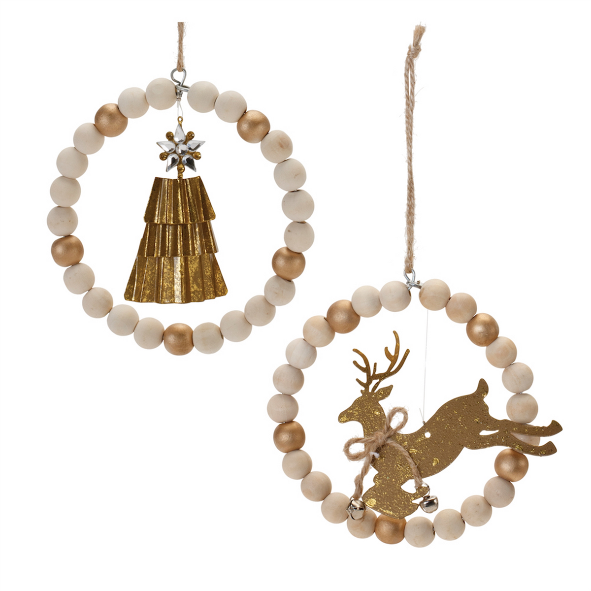 Beaded Wood Tree and Deer Ornament (Set of 6) -Ship Only