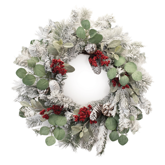 Flocked Pine Eucalyptus Berry Wreath 28"D -Ship Only