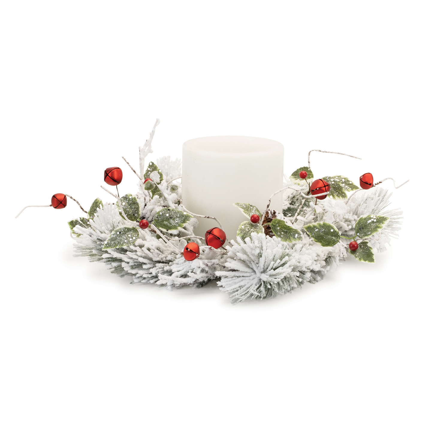 Flocked Pine/Bell Candle Ring 18"D PVC (Fits a 6" Candle) -Ship Only