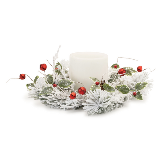 Flocked Pine/Bell Candle Ring 18"D PVC (Fits a 6" Candle) -Ship Only