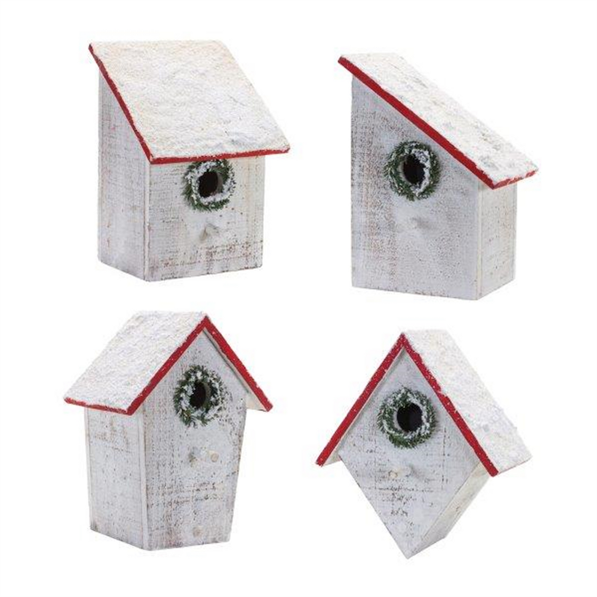 Flocked Wood Birdhouse with Wreath Accent (Set of 4) -Ship Only