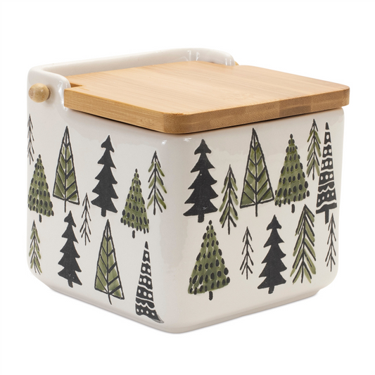 Ceramic Pine Tree Canister with Wood Lid 5.25"L -Ship Only