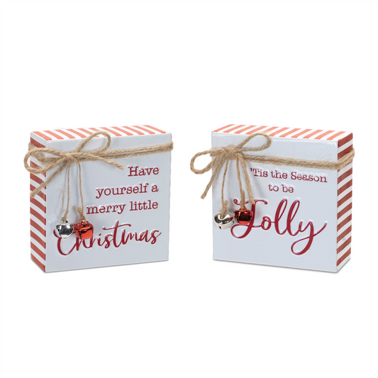 Merry Christmas and Jolly Sign (Set of 2) 4”SQ Metal -Ship Only